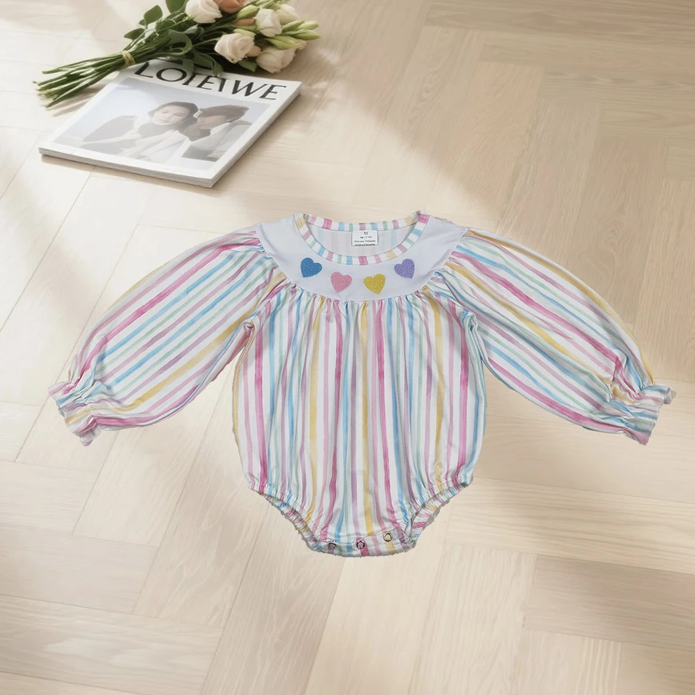 11.11 Embroidery Hearts Baby Girls Colorful Stripe Valentine Ruffle Rompers
