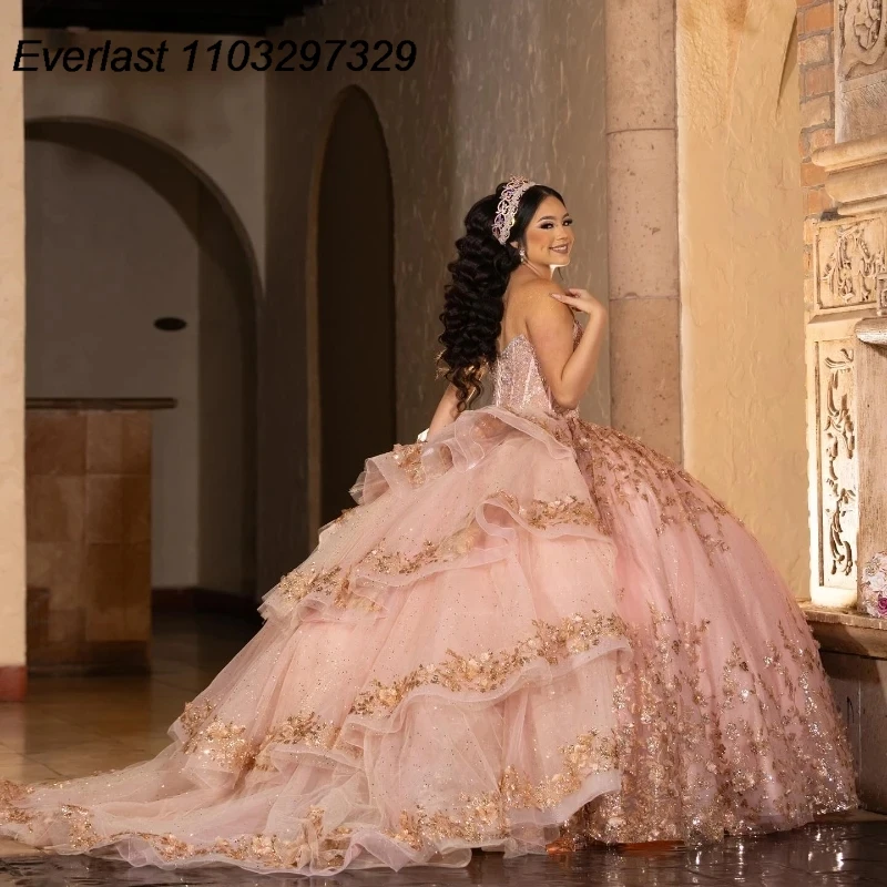 EVLAST abito Quinceanera rosa lucido abito da ballo Applique in pizzo 3D perline volant a strati corsetto dolce 16 Vestidos De 15 Anos TQD750