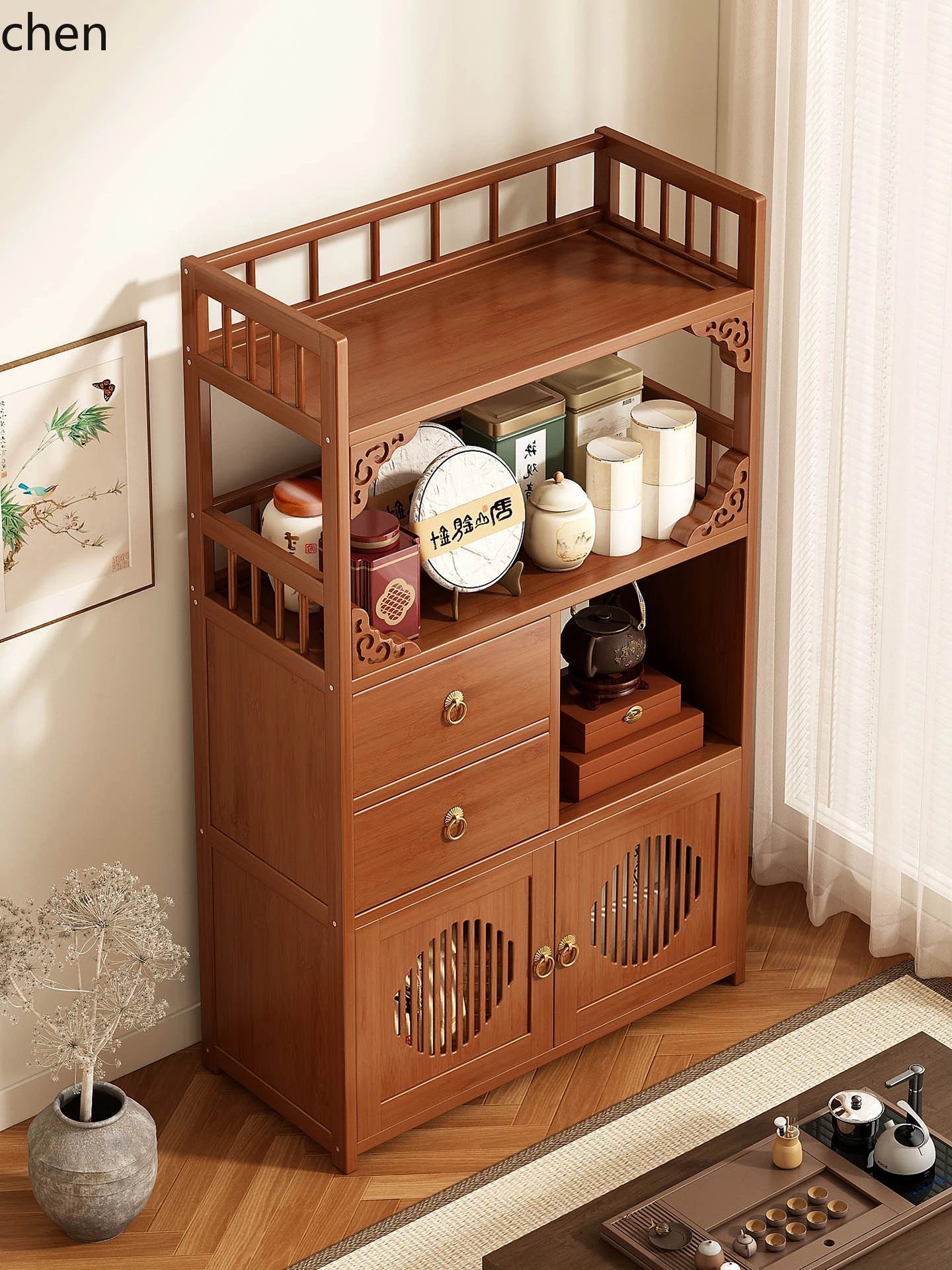 

QZT tea room multi-layer display cabinet tea tea set rack non-solid wood small storage storage cabinet