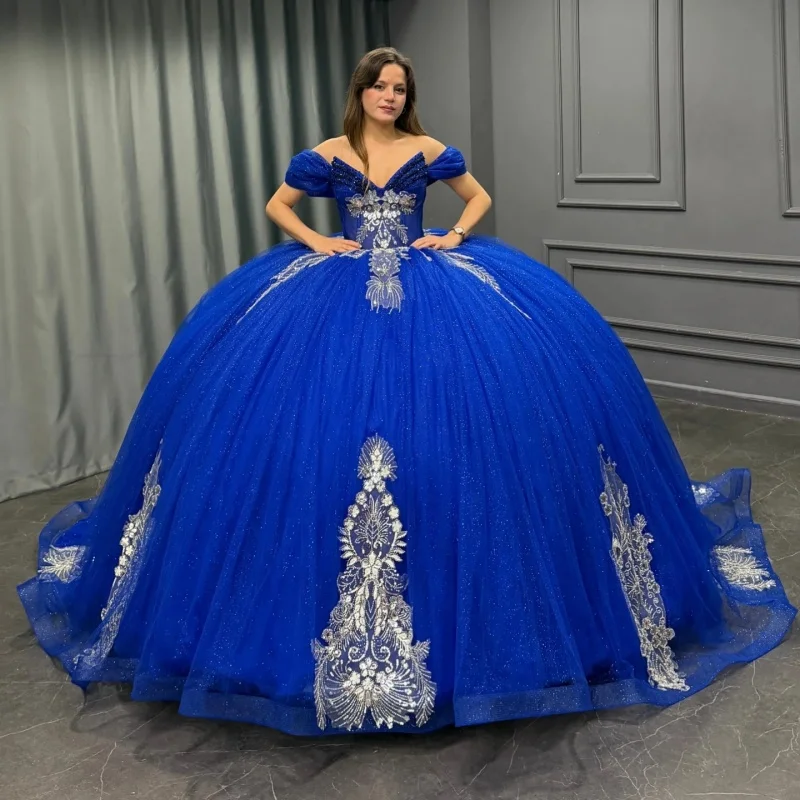 

Блестящее королевское синее платье для квинсеаньеры с открытыми плечами, серебристым глиттером, кристаллами, длинным шлейфом, Vestido De 15 Quinceanera, на заказ