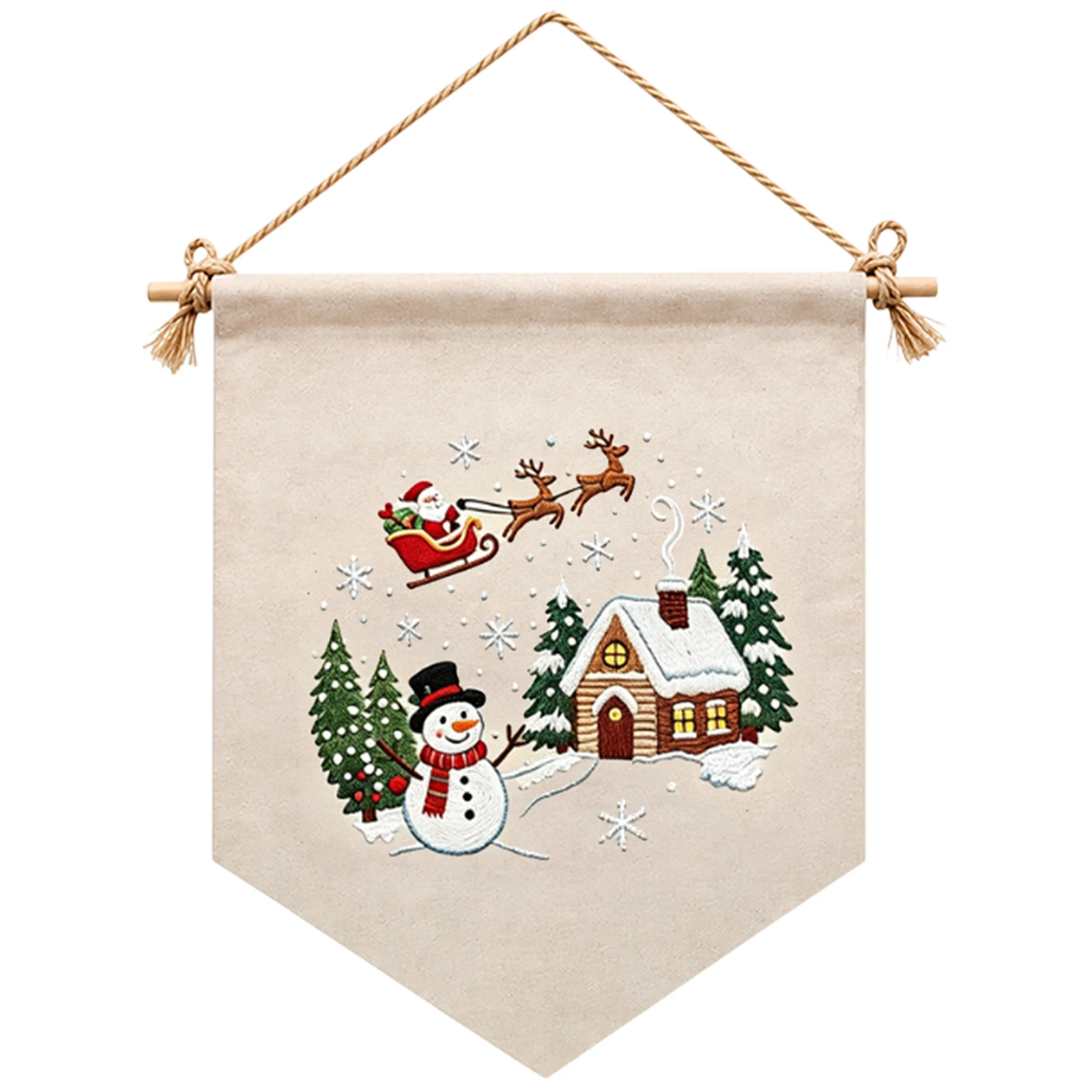 Full Christmas Embroidery DIY Kit Triangle Wall Hanging Flag Printed Cotton Canvas Hoop Needle Thread Organizer Beginner Set