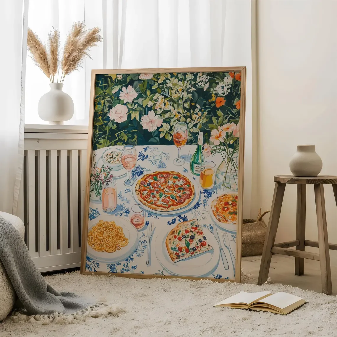talian Dinner Wall Art | Garden Table Food Illustration | Pizza Pasta Oil Painting | Flowers Summer Table Decor | Pastel Food Ki