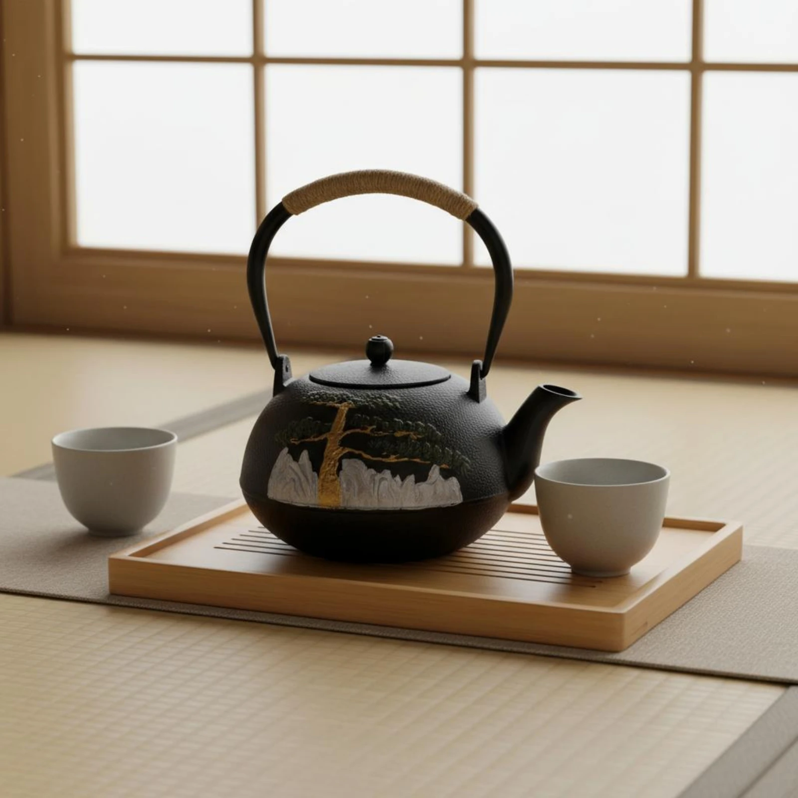 Cast Iron Kettle Teapot Natural Fiber Wrapped Handle Cast Iron Tea Kettle Stovetop Tea Pot Fitted Lid Kitchenware Textured