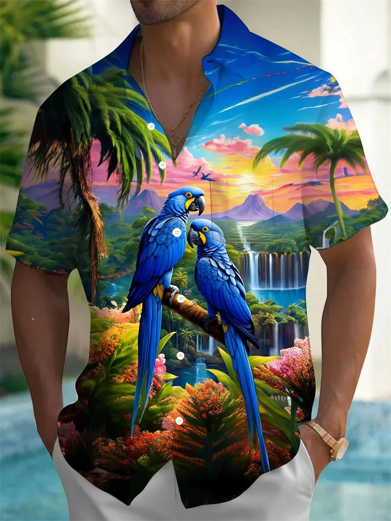 Casual and fashionable outdoor Hawaiian men\'s top short sleeved shirt plus size versatile high-end print 2024 blue parrot