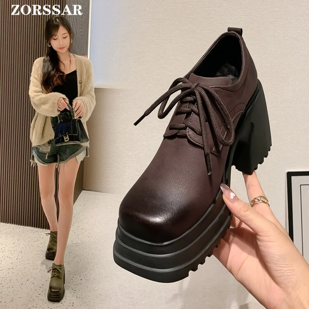 Genuine Leather Platform Loafers Women 2024 Preppy Style Lace Up Oxford Shoes Woman Black Thick Bottom High Heel Y2K Shoe Female