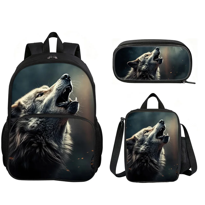 Wolf 3Pcs Set with Front Pocket Backpack School Bag  with Lunch Bag Pencil Case Lightweight Large Capacity Multi-function