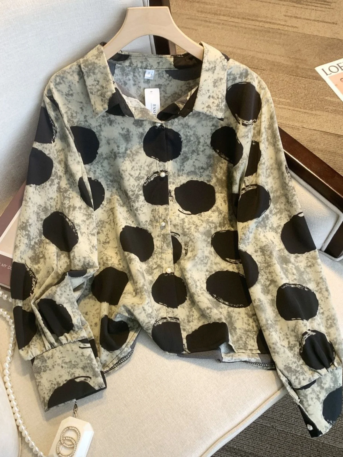 

Осенняя универсальная верхняя одежда: женская свободная блузка с рукавами-фонариками, модный топ с круглым принтом в горошек, женская блузка для повседневной носки