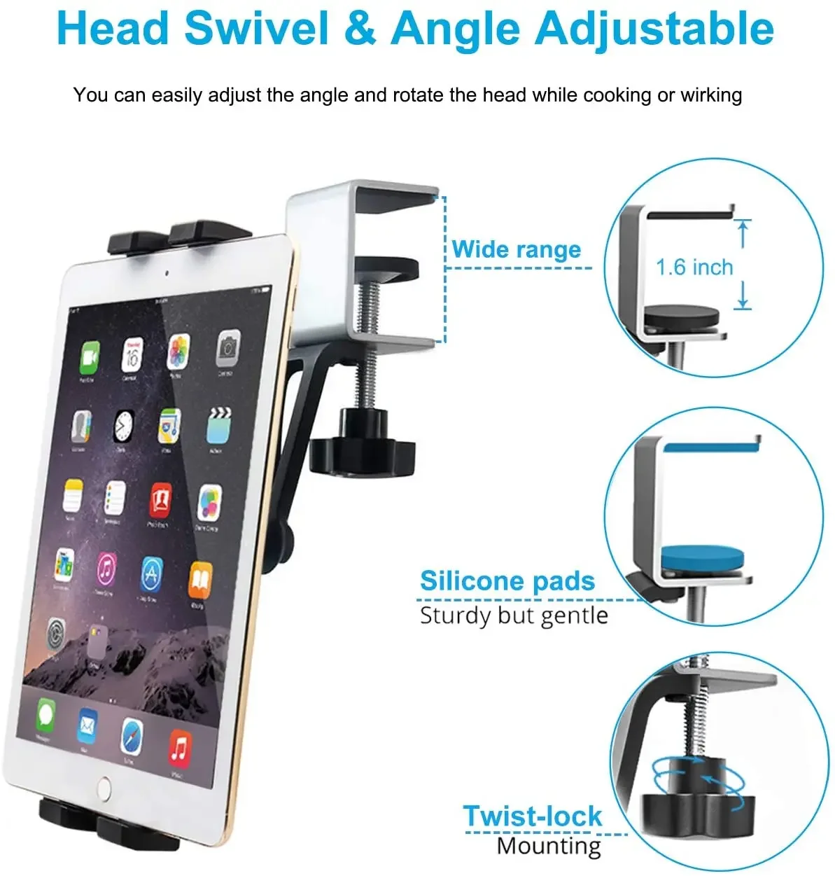 Kitchen Tablet Mount Aluminum Clamp 360° Rotation for 7-14.5 inches Clamp Tablets Phone Holder for iPad Xiaomi Samsung Huawei