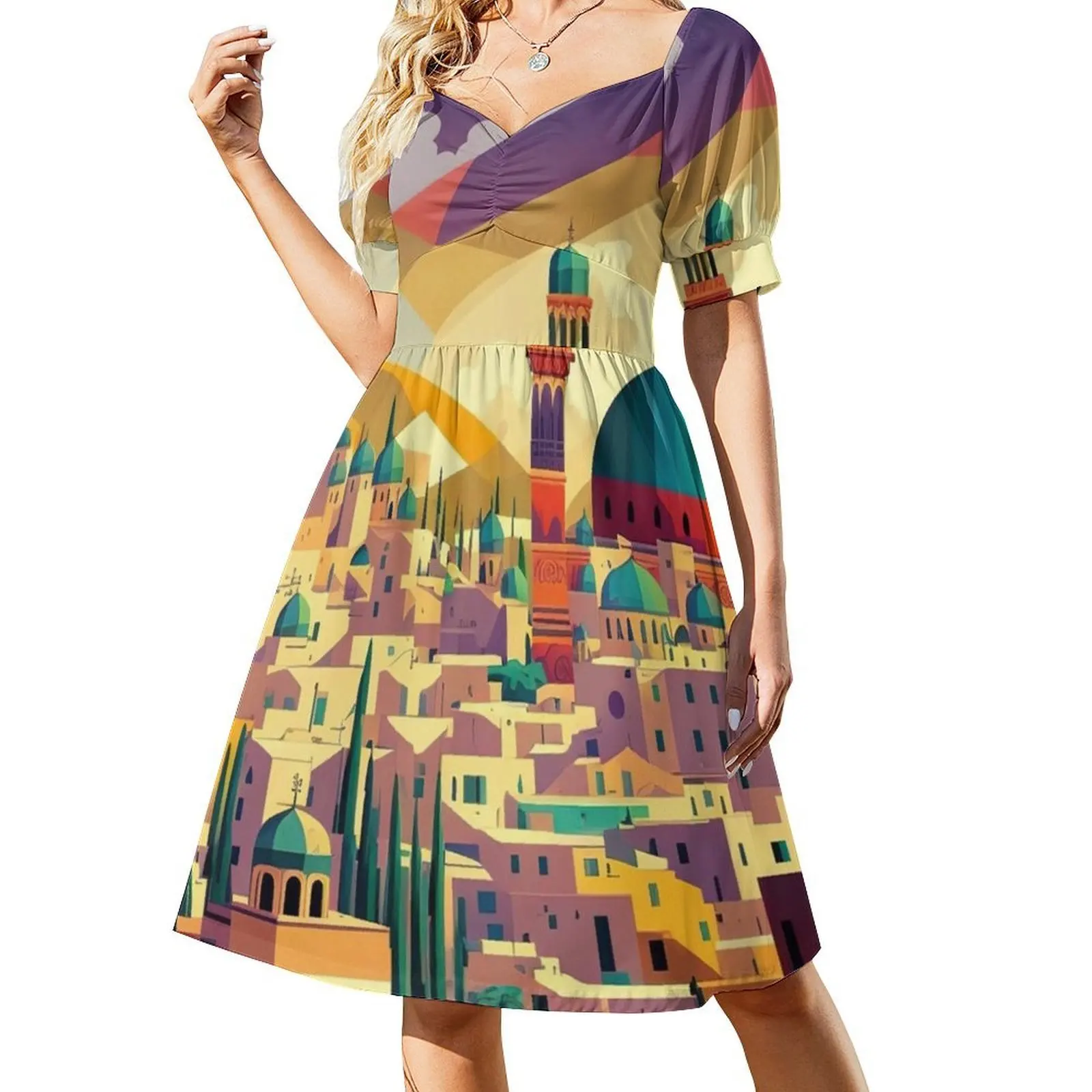 فستان Jerusalem Art بوهيمي بدون أكمام متعدد الطباعة لحفلات العطلات على الشاطئ، فستان Jerusalem Jerusalem Retro Jerusalem Womens #2