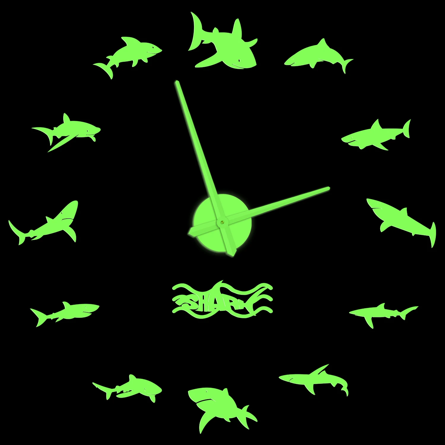 

Ocean Sharks Glow in Dark Wall Clock Home Decor For Kids Room Nautical Great White Shark Frameless Self Adhesive DIY Large Watch