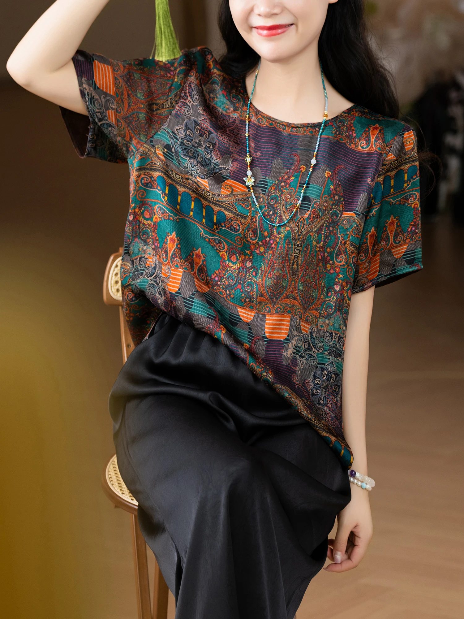 

Silk Series 50 Silk Printed Lightweight Non-Lightweight Retro Small ence Anti-Aging Floral Set Women's Skirt