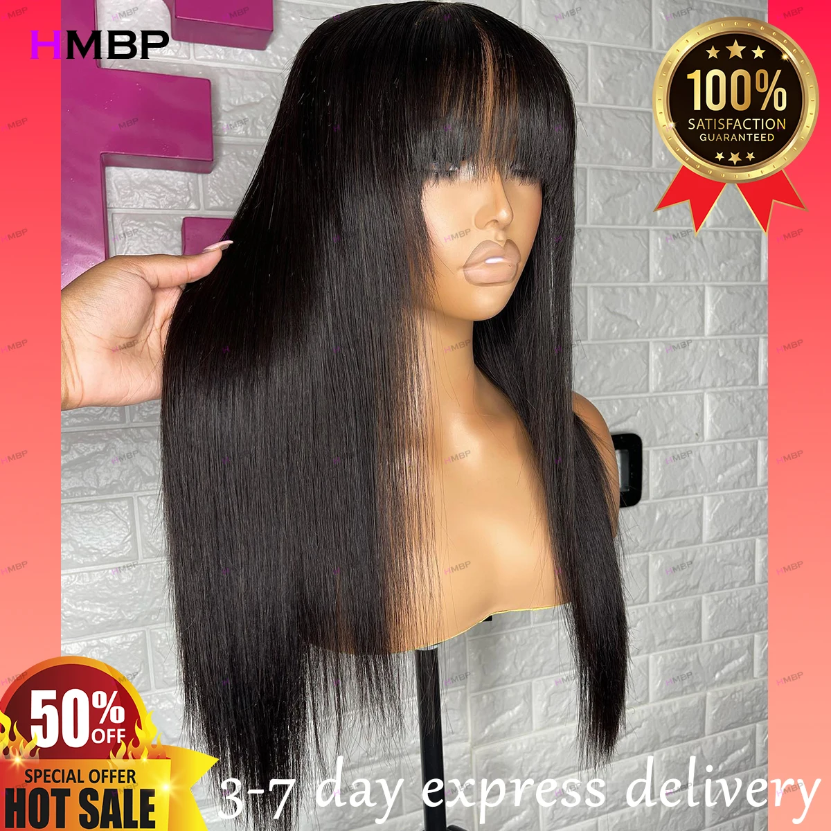 

Pre Plucked Human Hair Straight Glueless Lace Wig With Bangs Human Hair 360/13X6 HD Lace Frontal Wigs for Women Natural Black