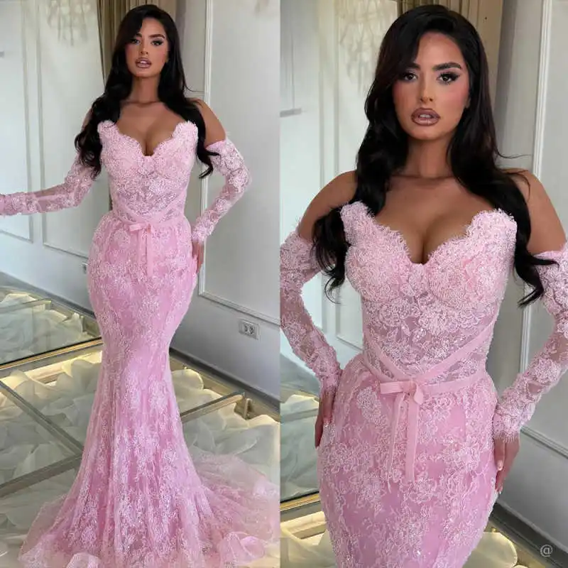 

Romantic Lace Appliques Prom Gowns Strapless Sweep Train Mermaid Evening Dresses Formal Celebrity Party Customized
