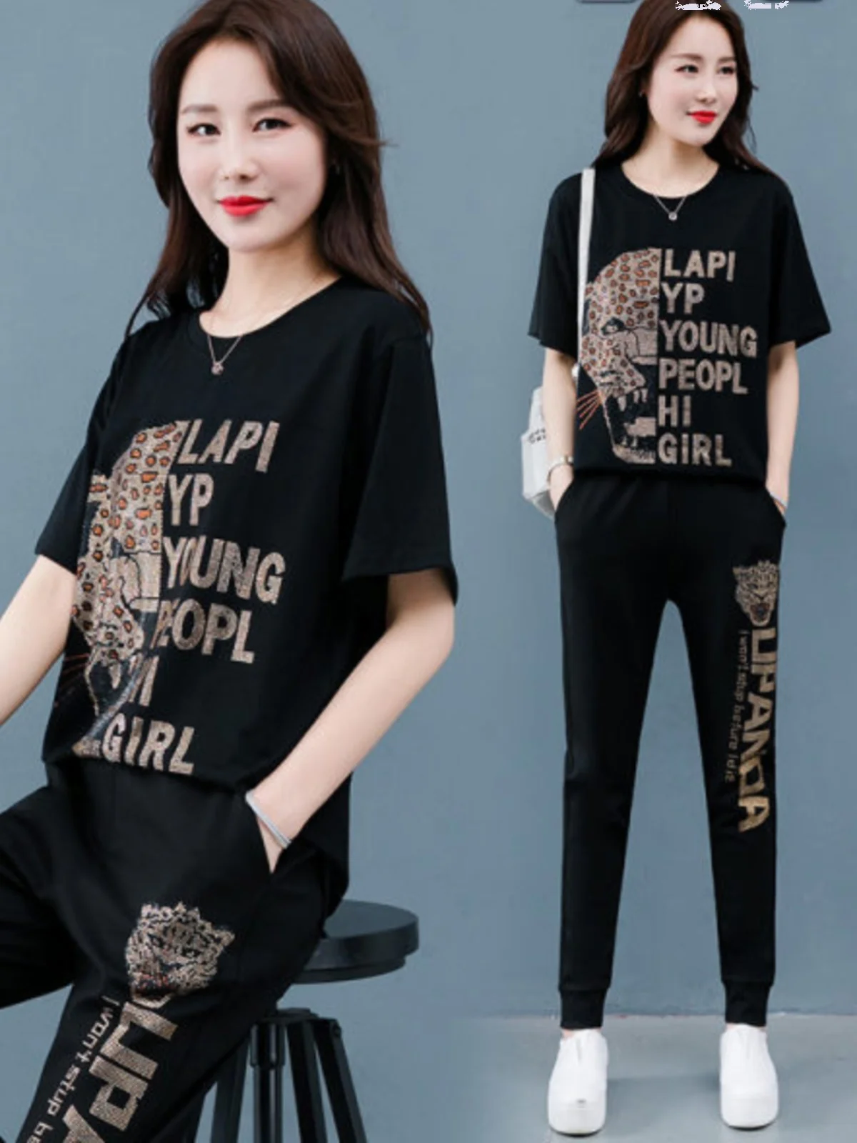 Conjunto Plus Size Moderno de Verão com Detalhes Elaborados, Casual, com Aplicações de Diamantes, Resistente ao Calor, que Disfarça a Silhueta, Duas Peças para Plus Size