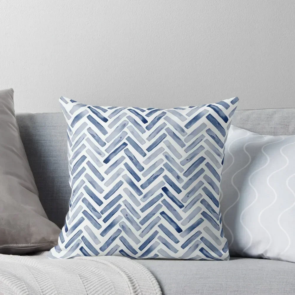 

Indigo Blue Watercolor Herringbone Chevron Throw Throw Pillow autumn pillowcase Room decorating items pillow