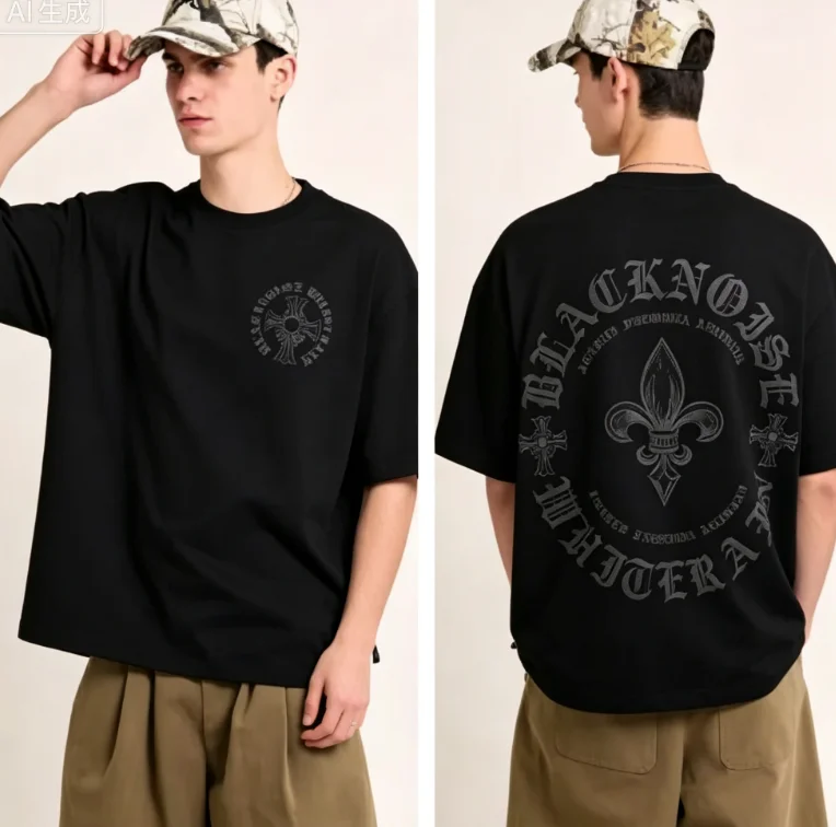 2026 Original small cross circle logo. Back is a Gothic-style lily letter ring pattern printed on a street-style T-shirt.