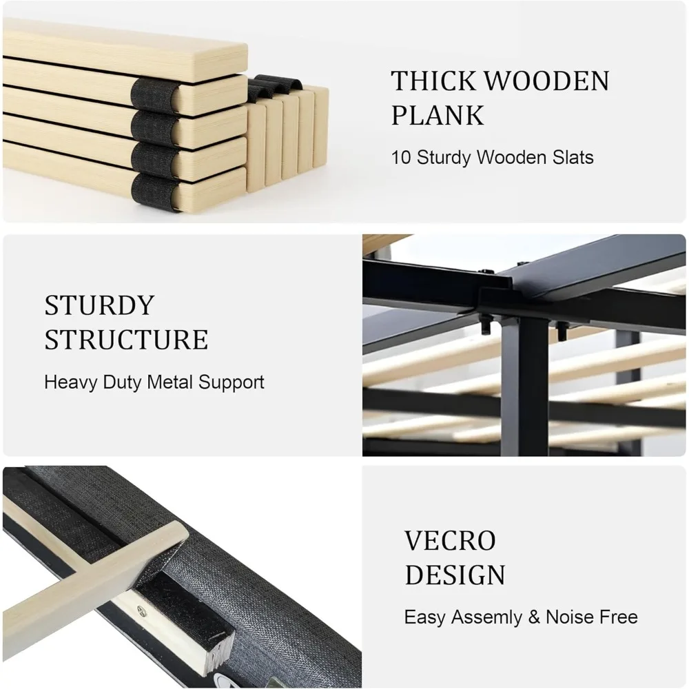 إطار سرير بمنصة كينج منجدة حديثة مع دعامة شرائح خشبية، لا يتطلب صندوق زنبركي، سهل التجميع، أوب صامت