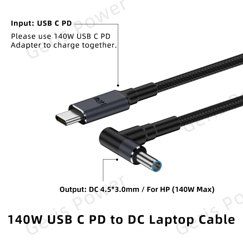 Ładowarka do laptopa 140 W USB C PD na DC 4,5 x 3,0 mm Adapter kabla do szybkiego ładowania do HP Envy ProBook EliteBook Pavilion Stream
