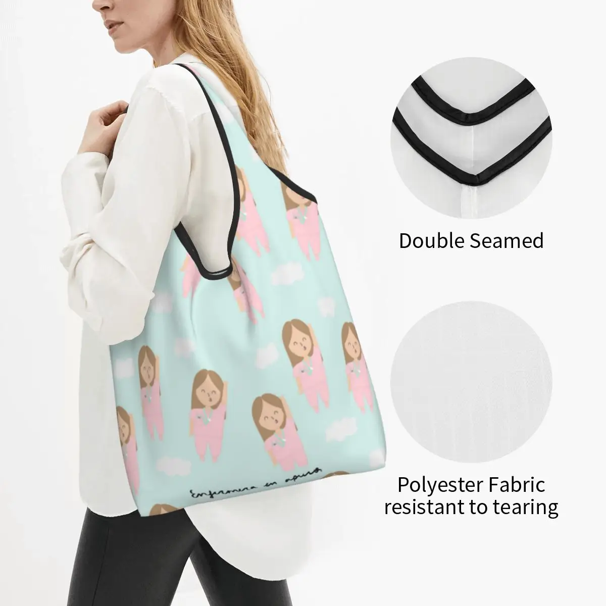 Large Reusable Enfermera En Apuros Nurse Pattern Grocery Bags Recycle Foldable Shopping Tote Bag Washable With Pouch