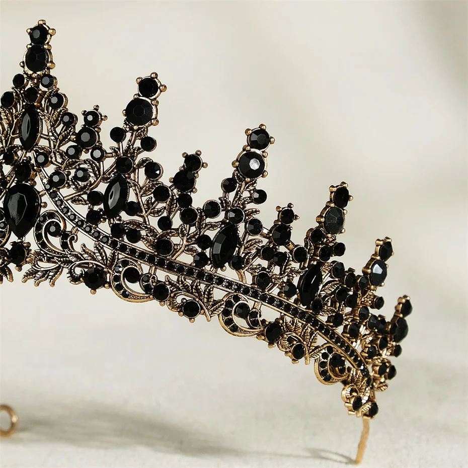 Efily Baroque Vintage Black Rhinestone Crown Tiara Crystal Wedding Hair Accessories Women Headband Queen Princess Head Jewelry