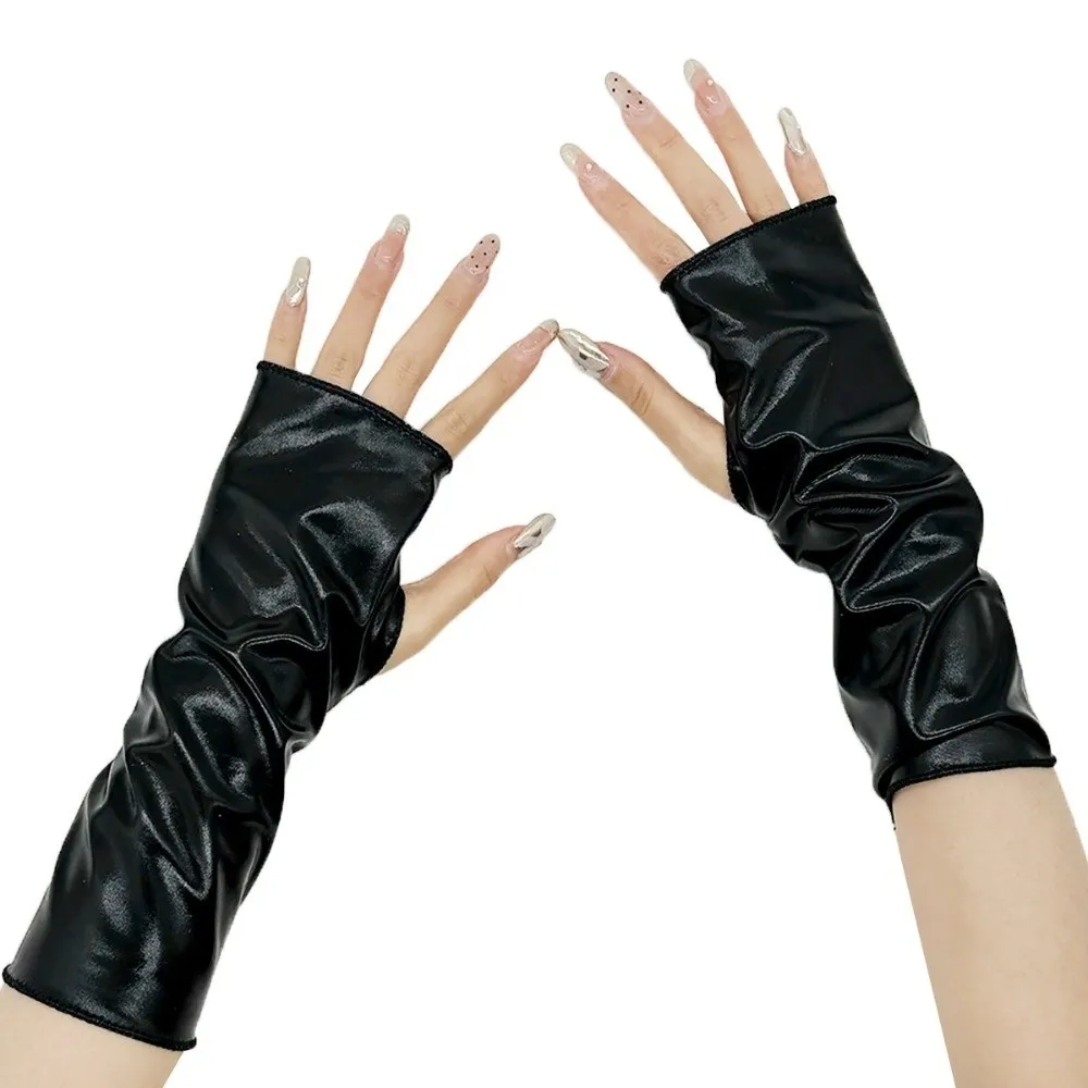 1 Pair Glossy Finish Fingerless Gloves Punk Style Imitation Leather PU Leather Gloves Sleeve Set Cosplay Gloves Lolita Fashion