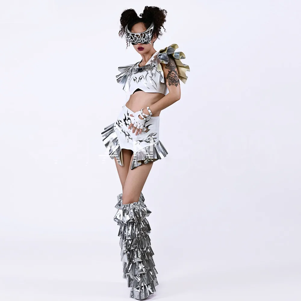 Women Masquerade Singer Drag Queen Costume Nightclub Bar Sexy Stage Performance Costume Silver White Laser Crop Top Shorts Set