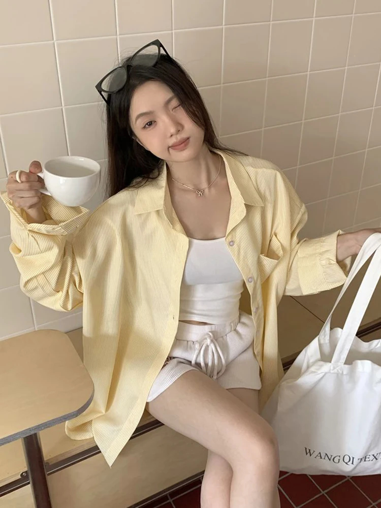 الكورية الأصفر مخطط قميص المرأة كسول الرياح فضفاضة نمط Preppy بلوزة خمر كم طويل عادية أنثى الحلو القمم جديد #3