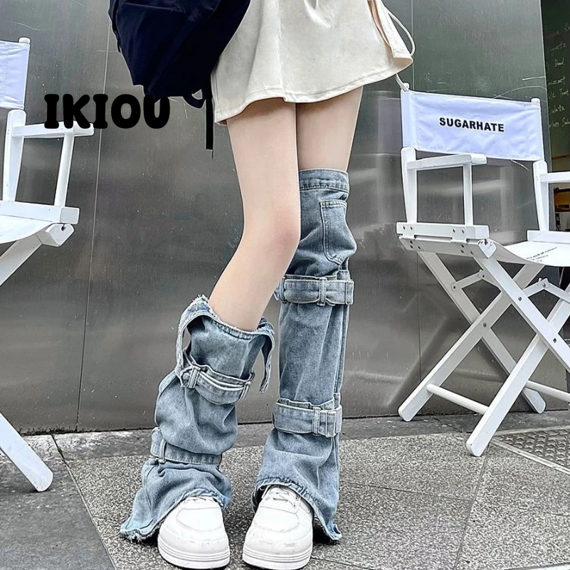 American Spice Girl niche washed denim tights y2k design strap subculture heaps irregular calf personality