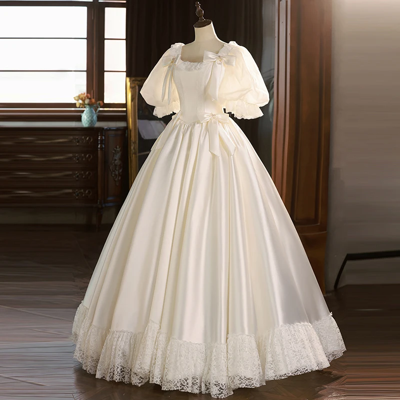 AnXin SH french retro princess white satin sweetheart flower lace short puff sleeve beading bow customized evening dress