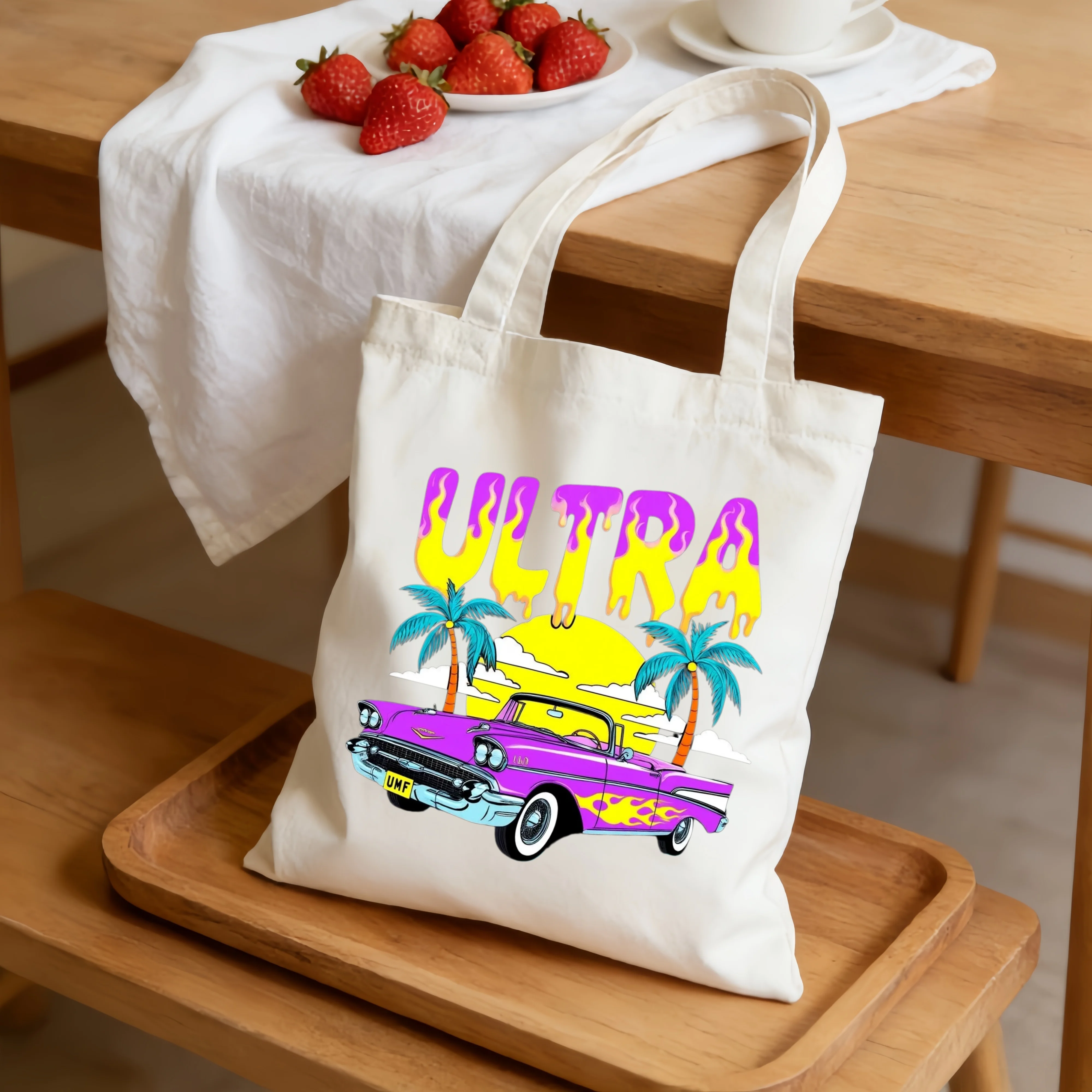 1pc Ultra Retro Car Double Sided Print Canvas Tote Bag, Summer Beach Palm Tree Reusable Grocery Shoulder Bag for Daily Travel