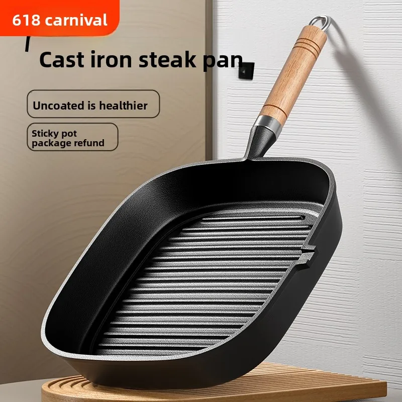 Gusseisen-Steak-Bratpfanne, unbeschichtet, für den Hausgebrauch, geeignet zum Grillen von Steaks, Gas- oder Induktionsherden.