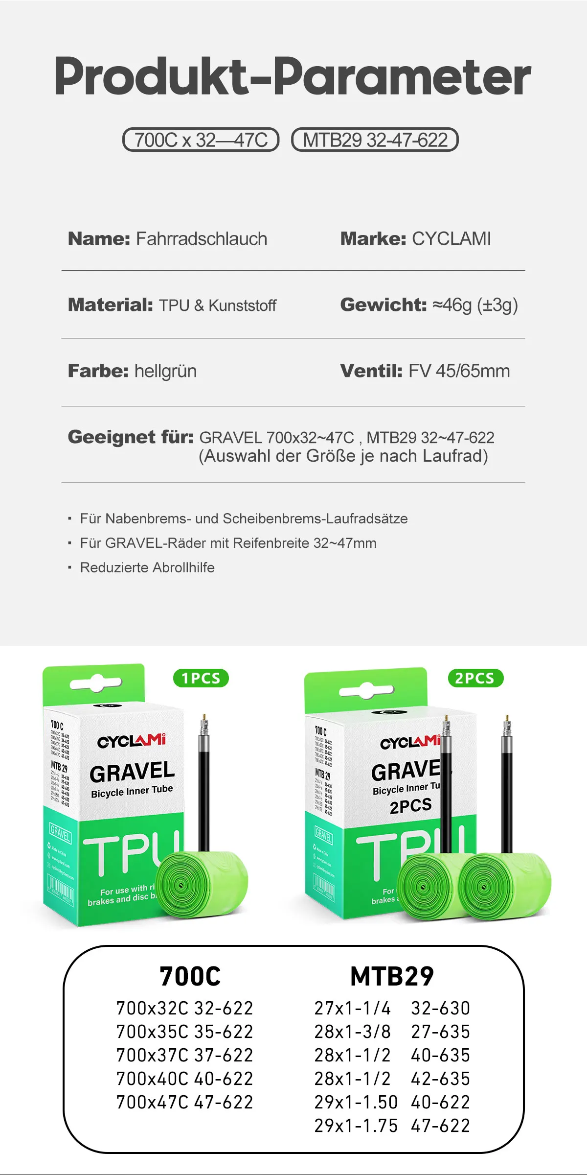 2 stücke CYCLAMI Ultraleicht Kies Fahrrad TPU Innenrohr Reifen Straße MTB 29 Französisch Ventil FV 45mm 65mm Für 700C 32C 35C 37C 40C 47C – Detail 18