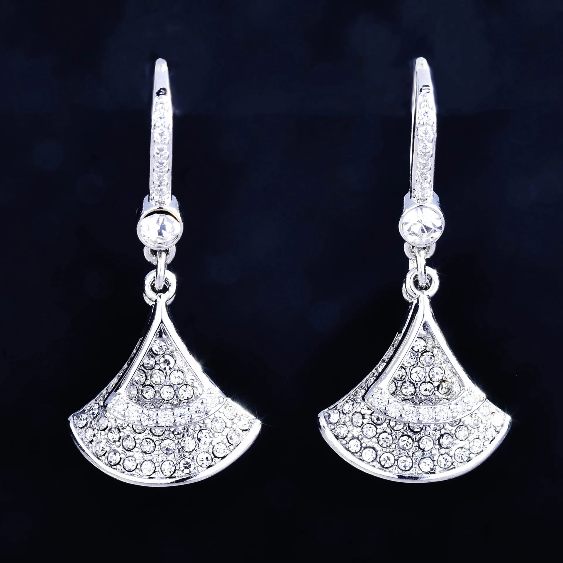 Fan-shaped micro-set zirconia dress earrings, stylish and simple, double-layer full-diamond ear pendants for women