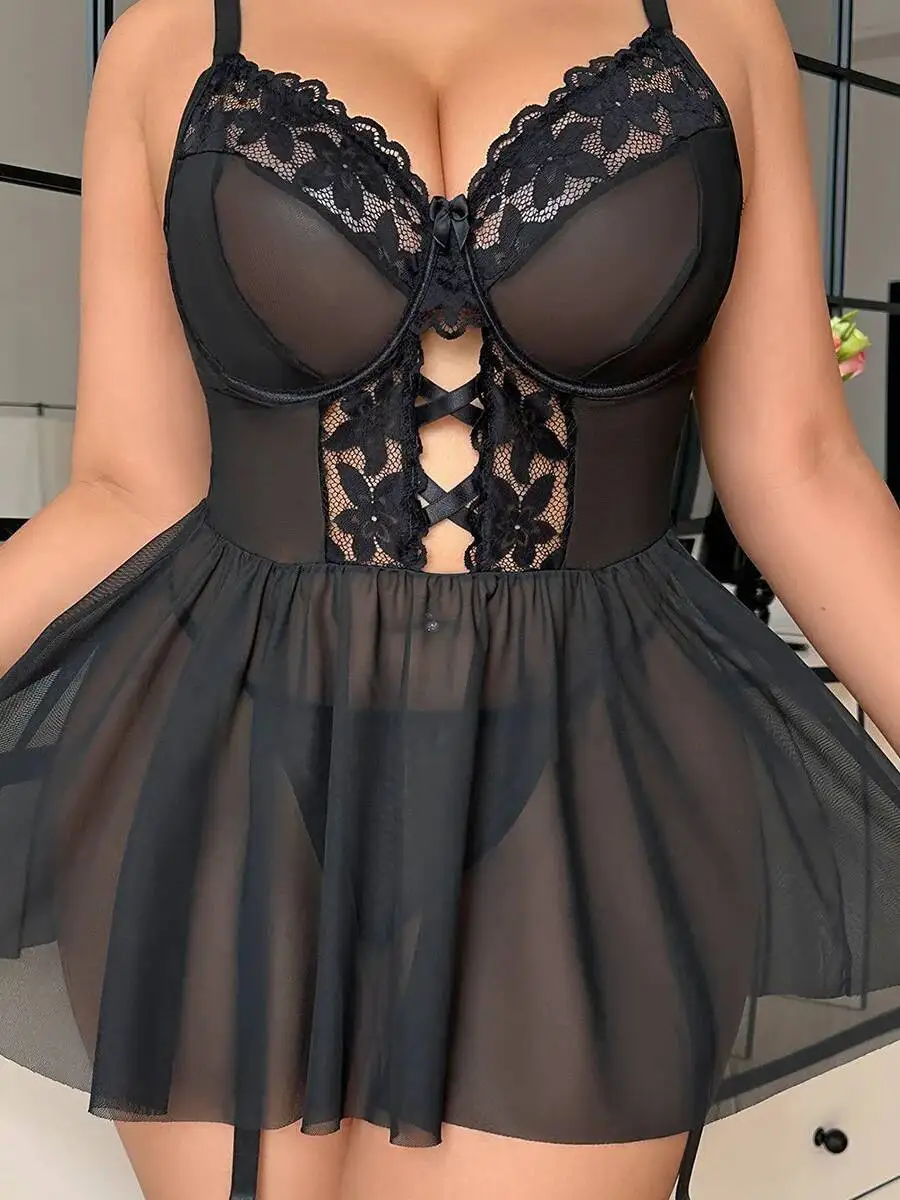 Seksowne komplety piżamowe dla puszystych kobiet z koronką, pasującego rozmiaru plus size, z krótkimi spodenkami, odkryte plecy, głęboki dekolt w serek, ramiączka, bez rękawów, przezroczysta siateczka, eleganckie, SWAT