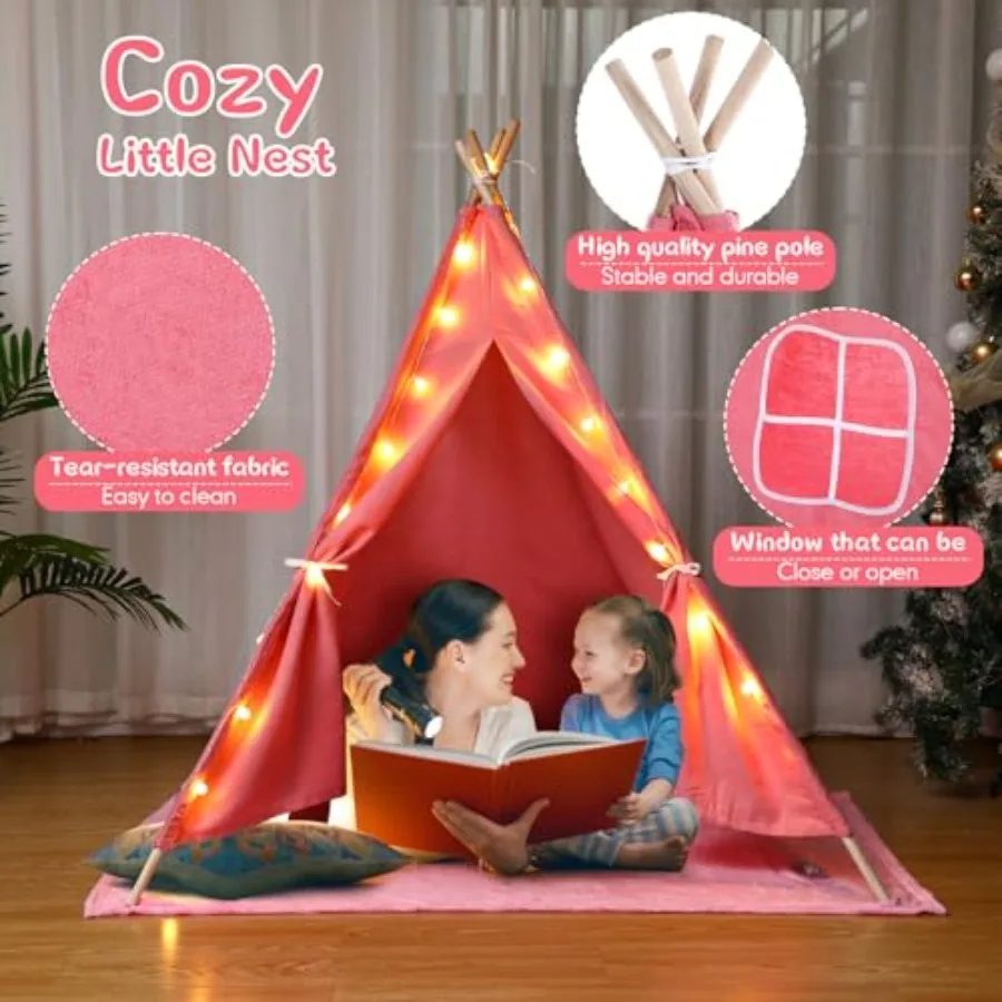 Juego de 4 pijamas para niñas, Kit de tienda tipi, cama inflable, sábana ajustable, bata tipo kimono de satén rosa, parasol, zapatilla, lavado de juegos