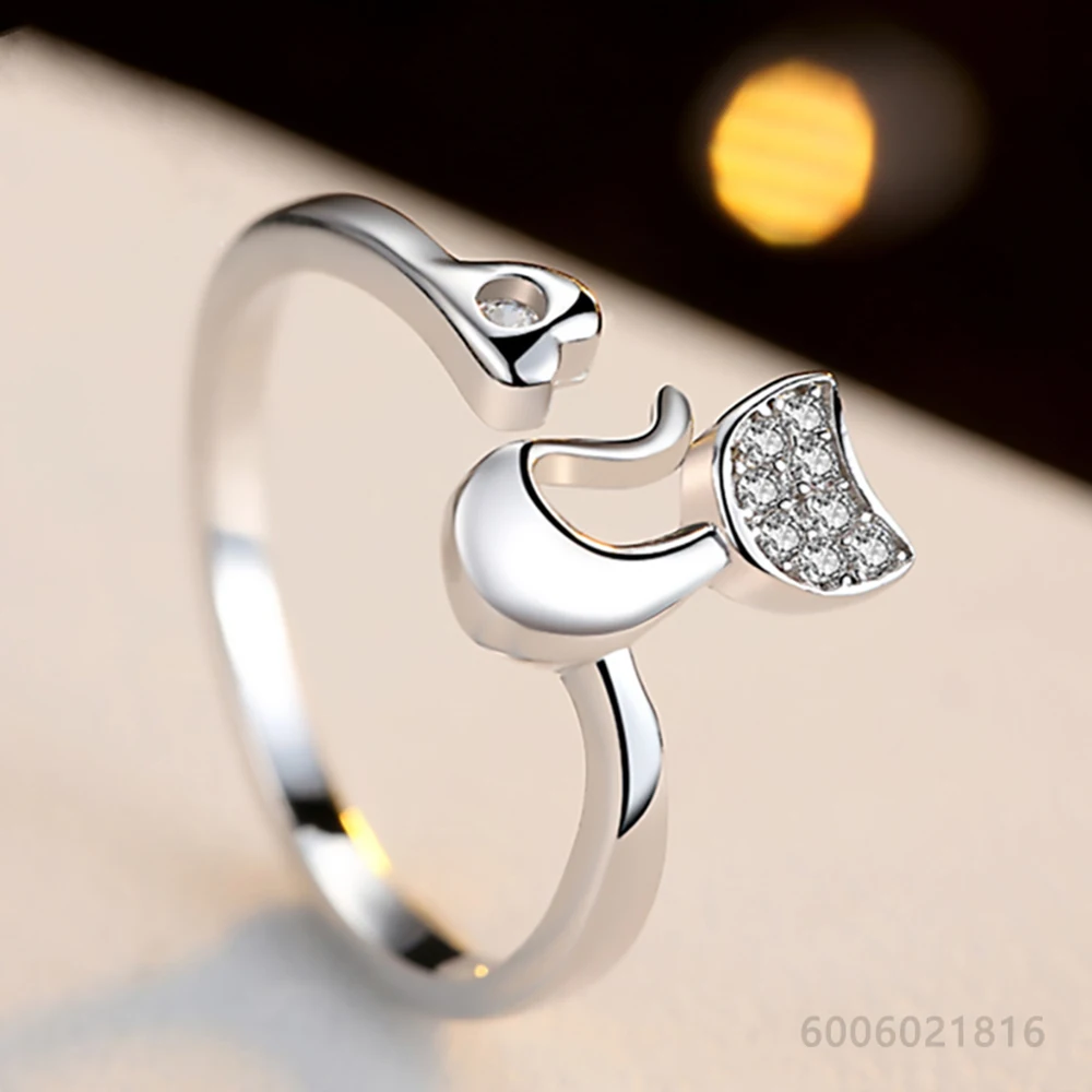 925 Sterling Silver RoseGold Zircon Cat Open Ring Wedding Rings For Women Engagement Band Fashion Party Charms Jewelry Gift