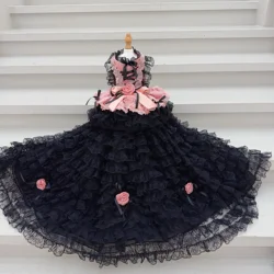 High-end Luxury Pet Puppy Dog Clothes Fine Handmade Black Red Roseflower Bow Lace Long Tail Princess Dress For Small Medium Dog