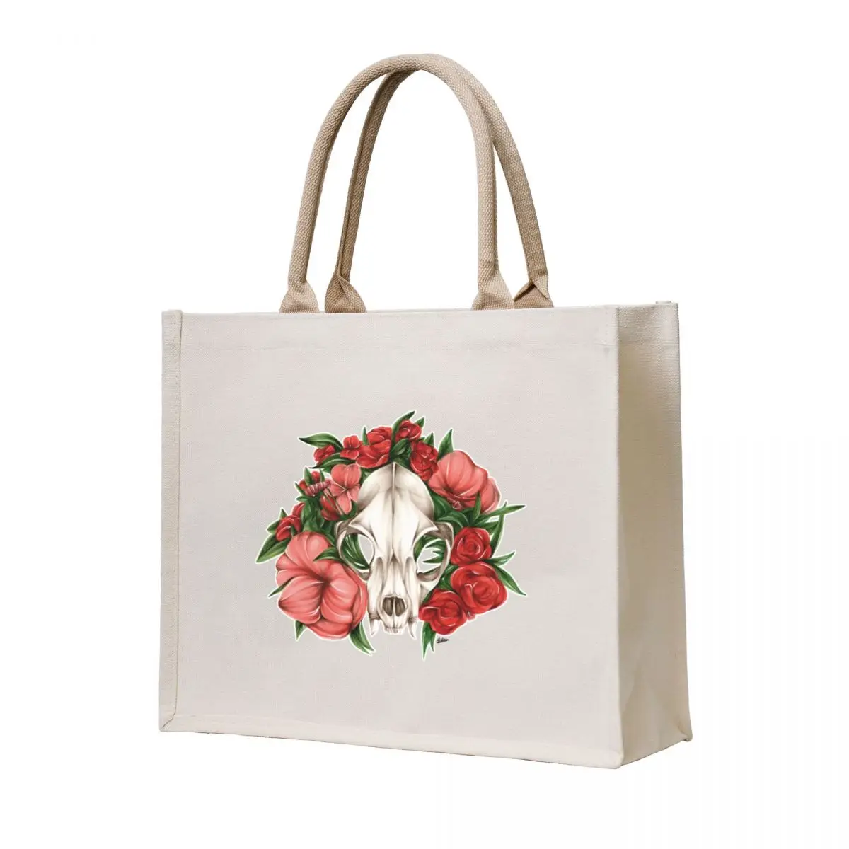 

Bobcat Skull with Flowers Tote Bag canvas bags Large bags for women shopper bag women canvas sacs de shopping