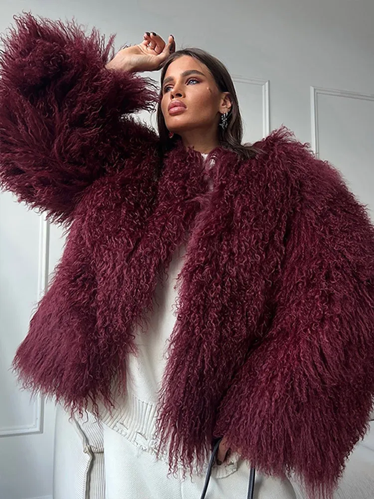 Fluffy Luxury Burgundy Faux Fur Coats Women Casual Loose Long Sleeved Jackets Female Autumn Winter Soft High Street Outwears