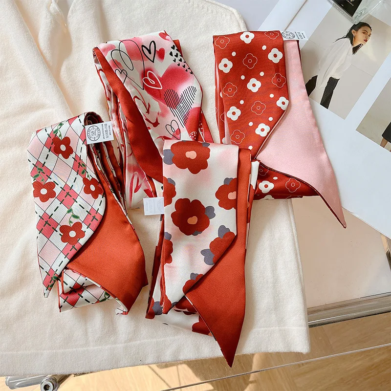 Festive red floral fashion small silk scarf for Women, Vintage Bohemian Silk Scarf Wrap, Neck Head Daily Travel Gift Trendy