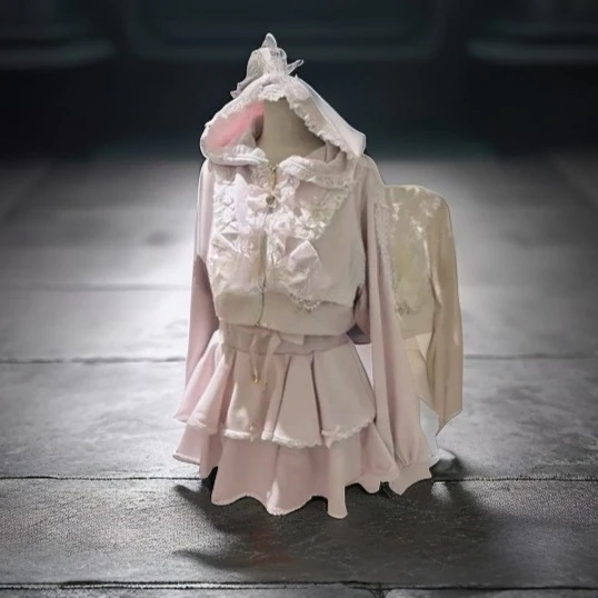 

Японский стиль, тяжелая, милая, с жемчужной кружевной отделкой, короткая куртка с капюшоном, кардиган и короткая юбка с высокой талией, комплект из двух предметов для женщин