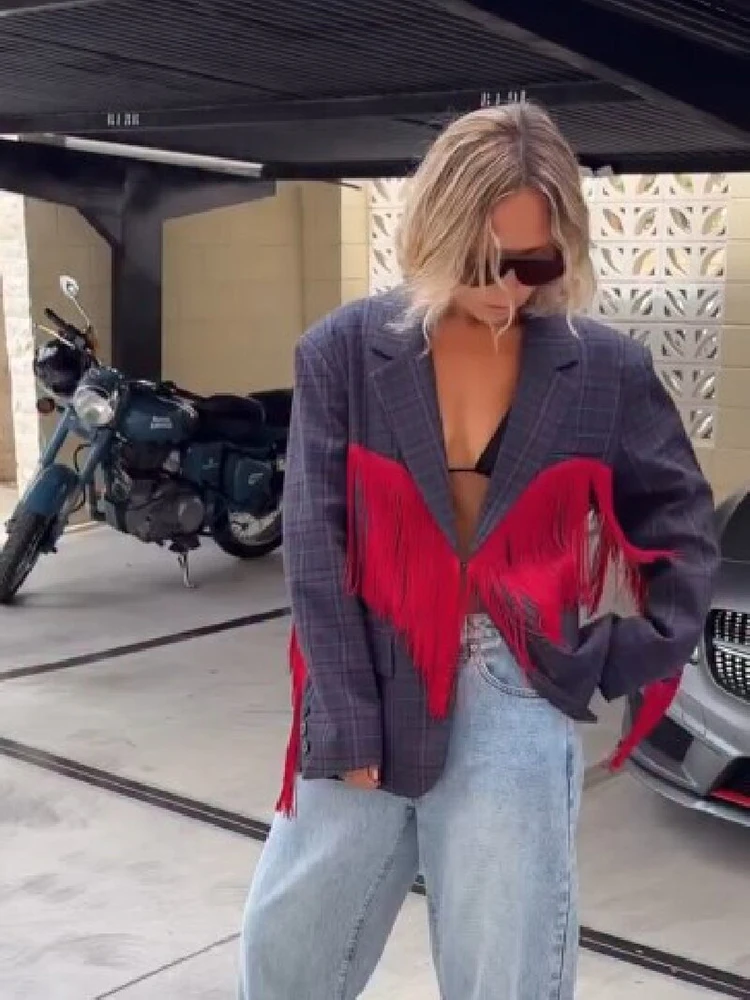 Retro Chic Plaid Blazer Jacket Trend Contrast Red Fringe Patchwork Lapel Long Sleeve Oversized Coat Lady Daily Office Streetwear