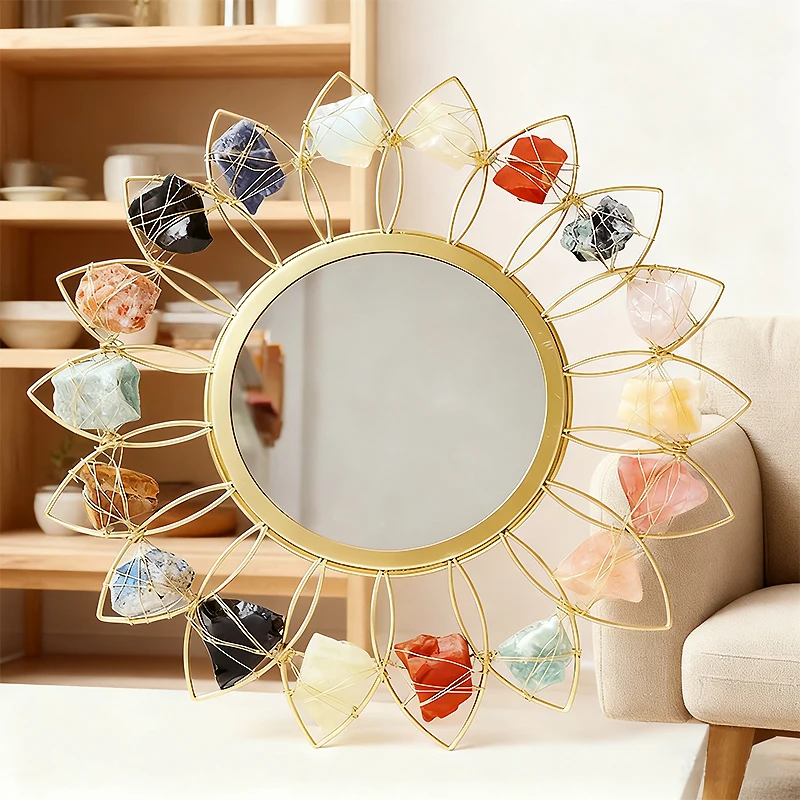 Retro Natural Crystal Raw Stone Sunflower Mirror Pendant, Modern Nordic Style Living Room Wall Soft Decoration Pendant