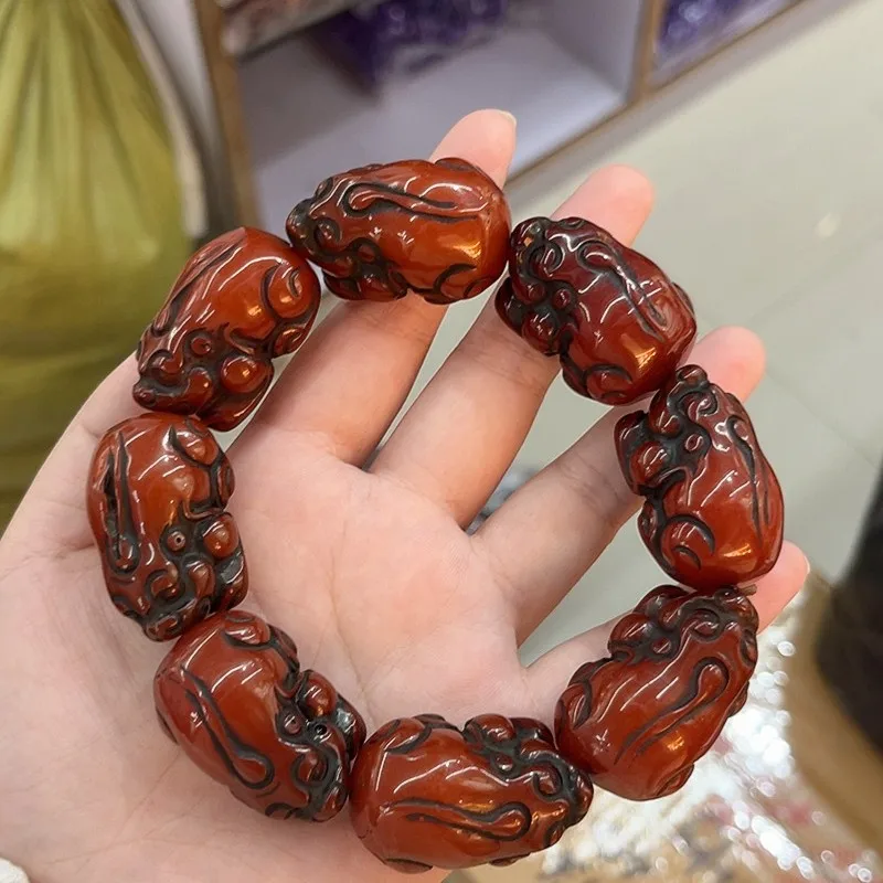 Vintage Distressed Fine Quality , Resin Old Beeswax Pixiu Bracelet for Men