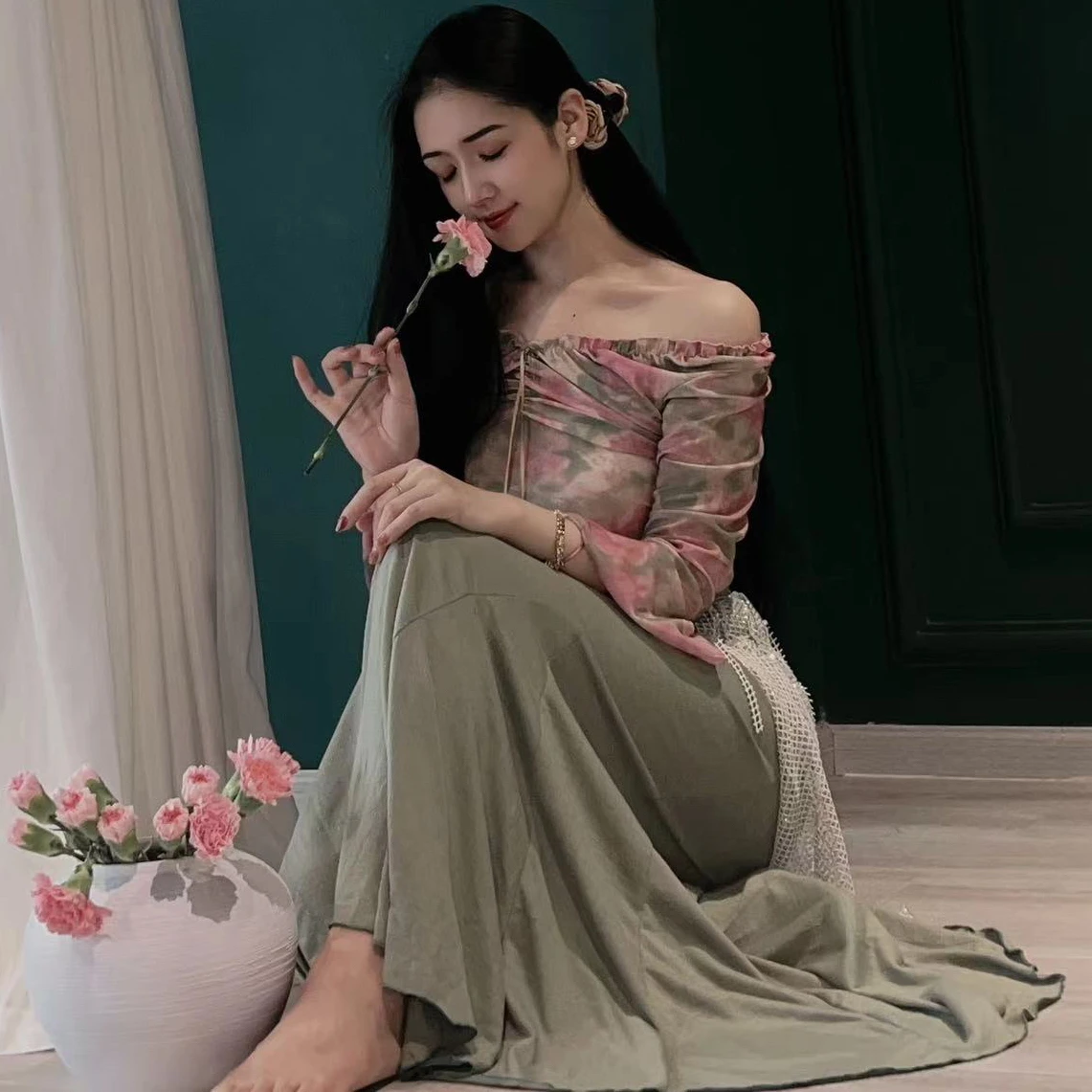 Novo traje de performance de dança do ventre feminino sênior impresso topo + sexy fishtail saia longa 2 pçs conjunto de treinamento de dança oriental