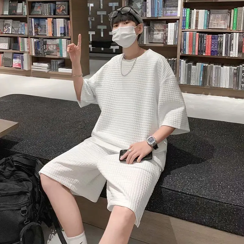 

Breathable Summer Men's Waffle Casual Set Short Sleeve Shorts Loose Fit Two Piece Outfit Unisex Sportswear