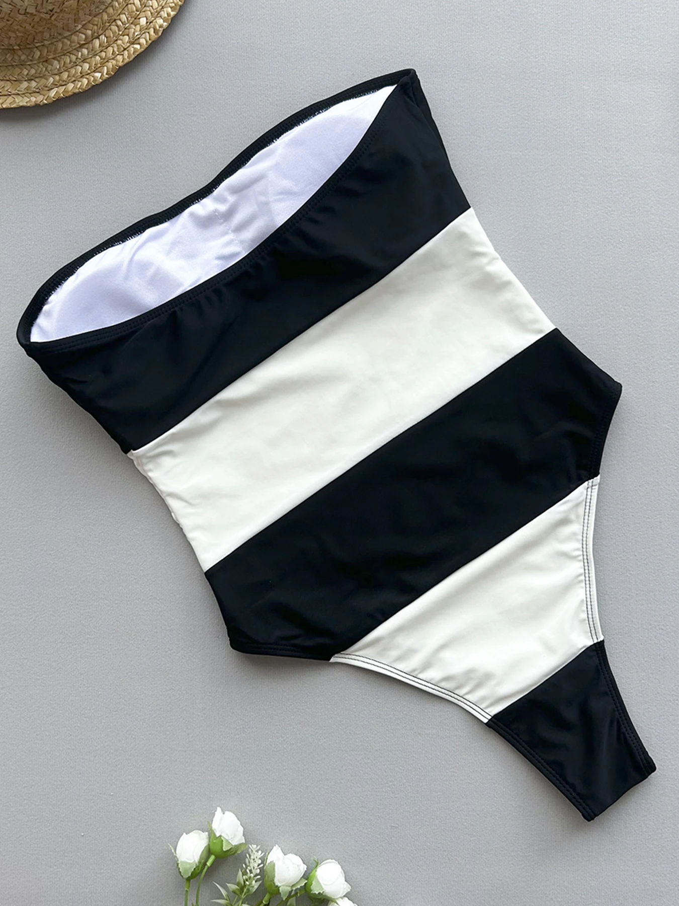 2024 New Sexy Strapless One Piece Swimsuit For Women Bodysuit Swimwear Female Contrast Color Patchwork Bathing Suit Beachwear