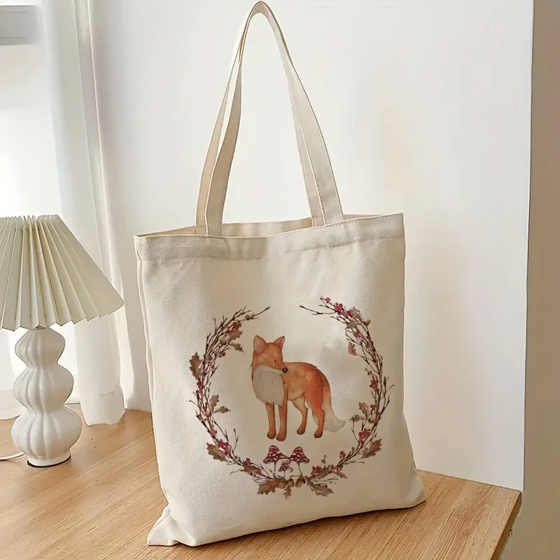 Borsa a tracolla con stampa volpe dei cartoni animati, borsa portaoggetti in tela leggera, borsa Shopper semplice