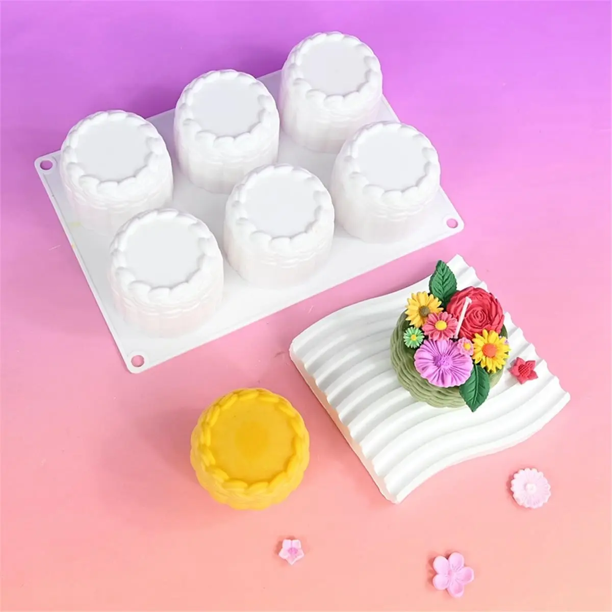 Flower Basket Silicone Mold, 3D 6-Cavity Mousse Cake Decorating Tools, Resin Candle Soap Making Mould for DIY Baking