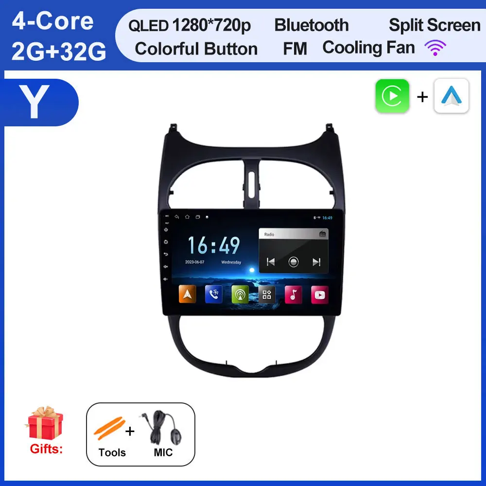 Autoradio Voor Peugeot 206 206SW 206CC 2000-2008 Android 16 Carplay Multimidia Video Player Draadloze Carplay Auto gereedschap Fan